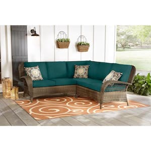 Beacon Park 3-Piece Brown Wicker Outdoor Patio Sectional Sofa with CushionGuard Malachite Green Cushions