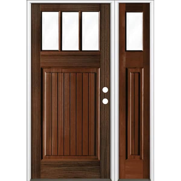 36 in. x 80 in. Craftsman 3-Lite Clear Glass VG Red Mahogany Stain Left Hand Hemlock Wood Prehung Front Door w/RSL