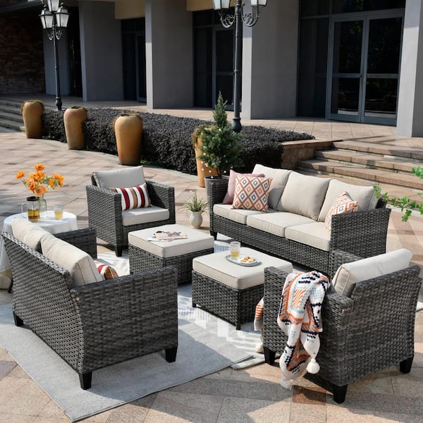 XIZZI Megon Holly Gray 6-Piece Wicker Outdoor Patio Conversation Seating Set and Loveseat with Beige Cushions