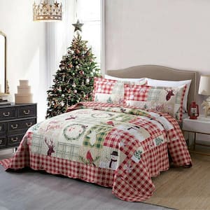 B009 Christmas 3-Piece Red/Multi Snowman Polyester King Size Christmas Quilt Set
