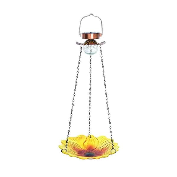 Outdoor Hanging Bird Feeder with 360° Feeding Ports, Flower Design, Weather-Resistant, Glass and Metal in Yellow