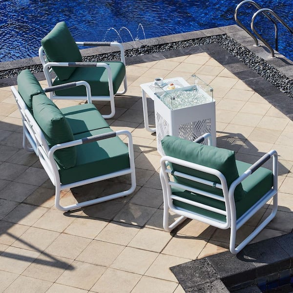 Maison Backyards 5-Piece Aluminum Patio Conversation Set with Fire Pit Table and Glass Wind Guard, All-Weather Seating White