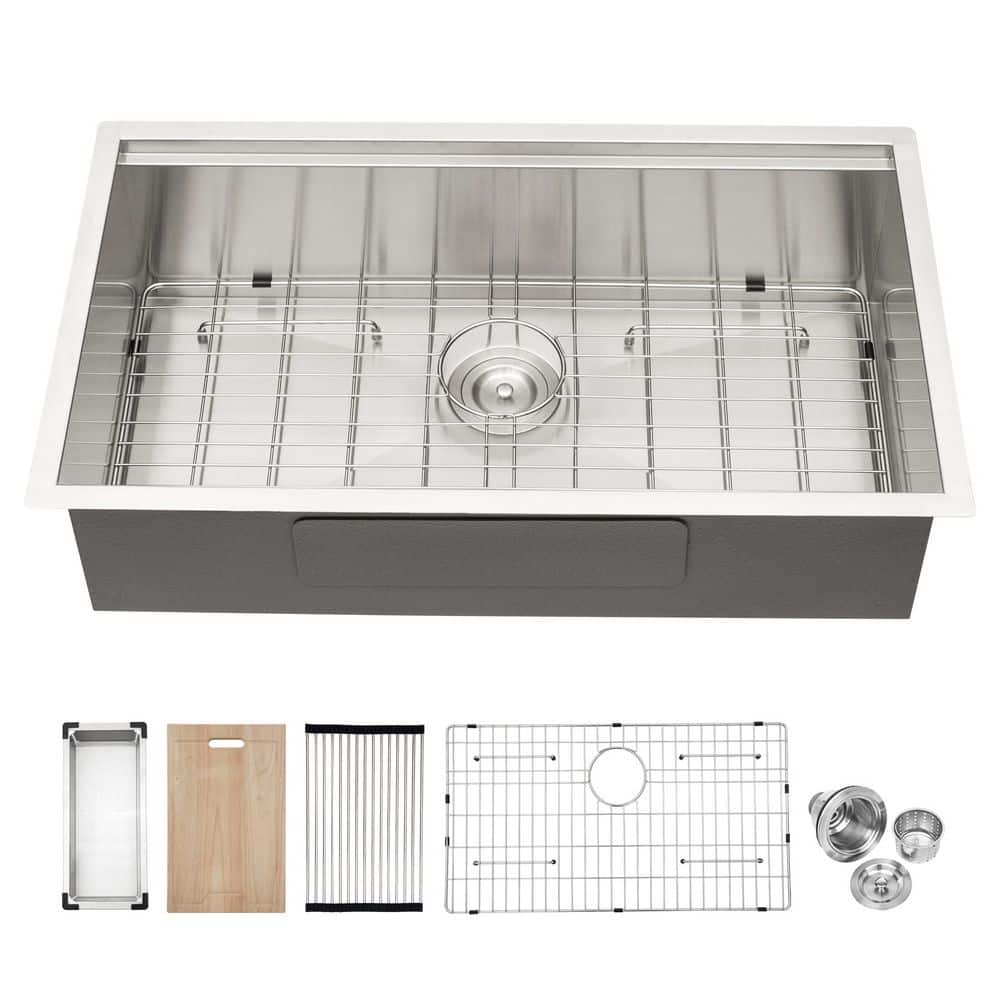 33 in. Undermount Single Bowl Stainless Steel Kitchen Sink, 18-Gauge Workst