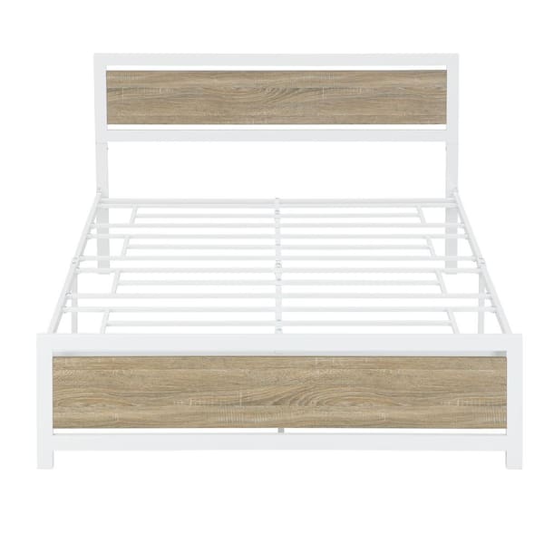 JASMODER 60.2 in. W White Queen Metal and Wood Bed Frame with Headboard and Footboard Platform Bed