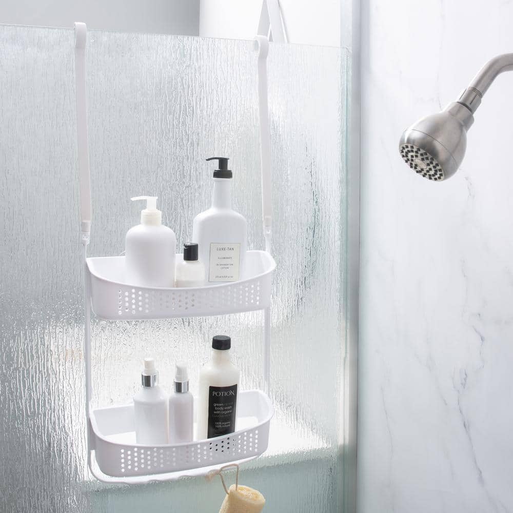 White Plastic Convertible Hanging Shower Organizer with Hooks