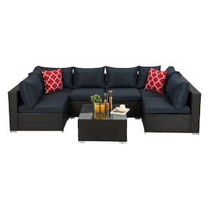 Classical 7-Piece Blue and Black Polyester Cushions Coffee Outdoor Rattan 6-Seats Symmetrical Sectionals Sofa