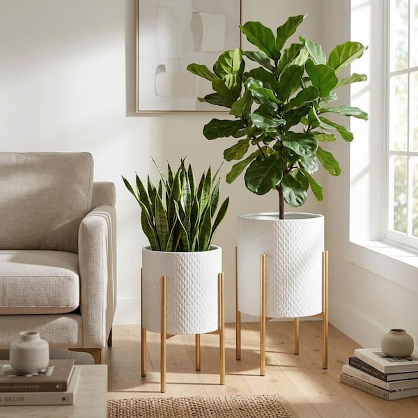 Liv & Skye 11 in. and 14 in. White Metal With Stand Planters (Set