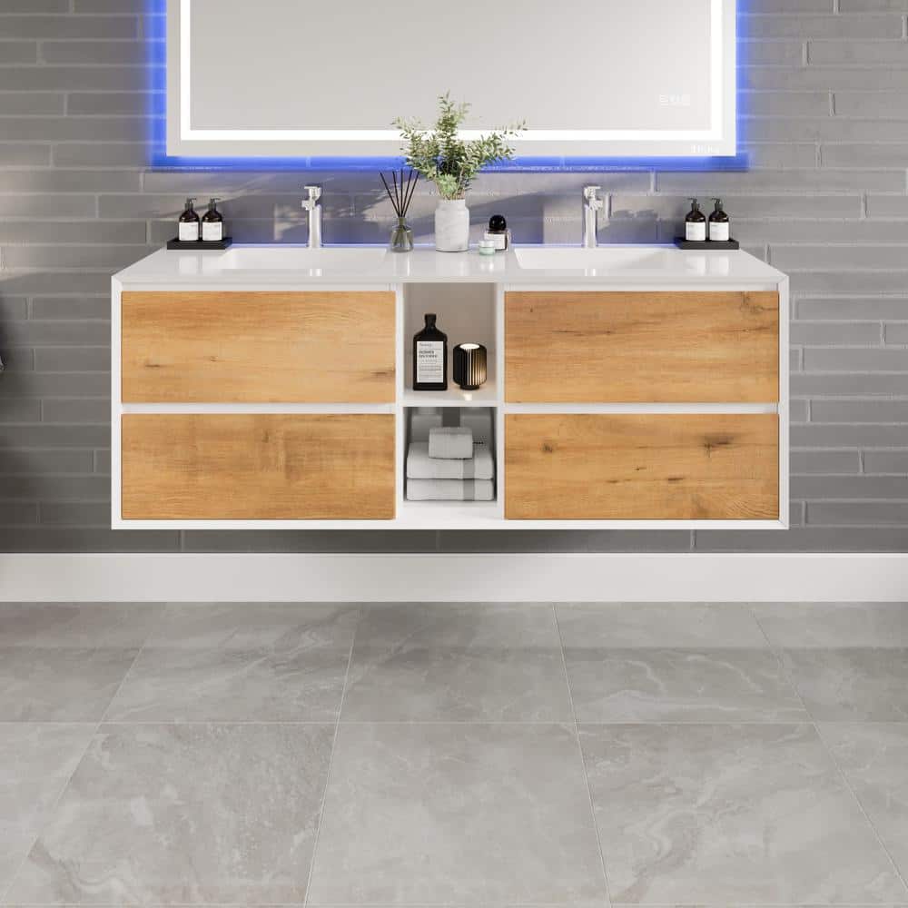 Eviva Vienna 60 in. Double Sink Floating Oak Bath Vanity with