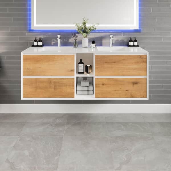 Eviva Vienna 60 in. Double Sink Floating Oak Bath Vanity with White Acrylic Top (Assembled)