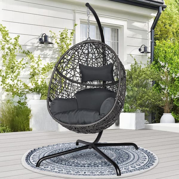 Unbranded Patio 1-Person Outdoor Dark Gray PE Wicker Porch Swings Hanging Egg Chair with Cushions and Stand