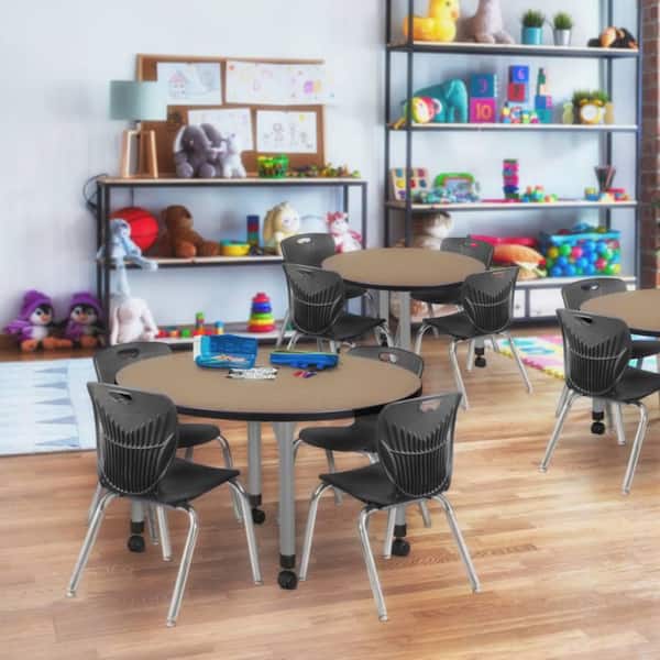 Kee 42 in. Round Noble Oak Mobile Adjustable Classroom Table Desk with Grey Base and 4 Andy 12 in. Black Stack Chairs