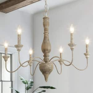 6-Light Rustic Farmhouse Wood Chandelier 29.5 in. W with Antique White French Country Accents and Classic Candle Style