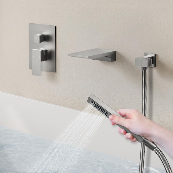 Waterfall Wall Mount Single Handle 2-Spray Tub and Shower Faucet 2.5 GPM in Brushed Nickel Valve Included