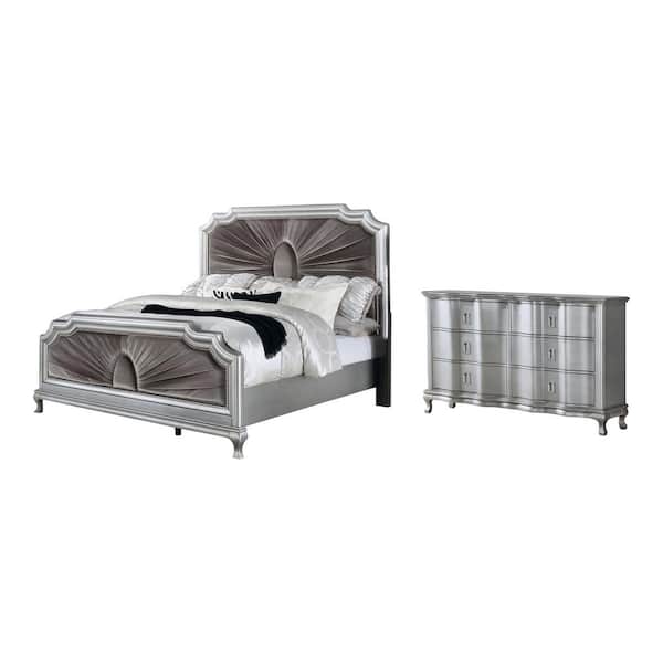 Furniture of America Lorenna 2-Piece Silver and Warm Gray Wood Queen Bedroom Set, Bed and Dresser