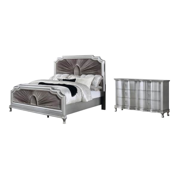 Furniture of America Lorenna 2-Piece Glam Silver and Warm Gray Wood Queen Bedroom Set with 6-Drawer Dresser