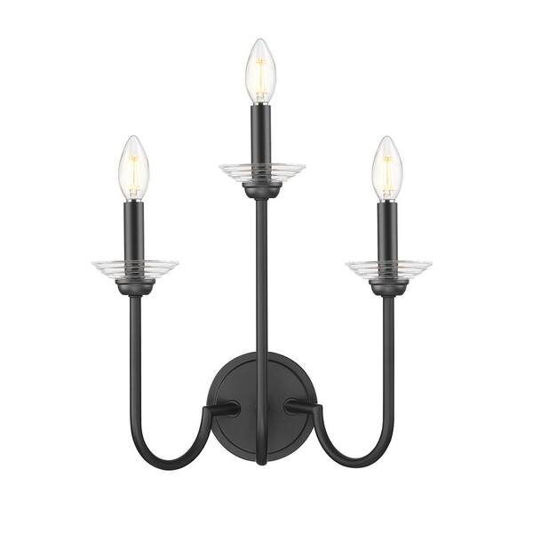 Filament Design - Allistair 3 Light Matte Black Wall Sconce with Clear Ribbed Glass Shade