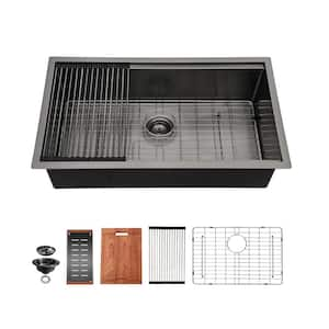 28 in. Undermount Single Bowl 16-Gauge Gunmetal Black Stainless Steel Kitchen Sink with Workstation