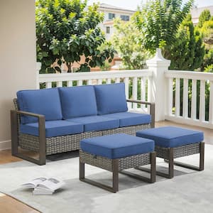 Gray 3-Piece Wicker Outdoor Couch with Blue Cushions