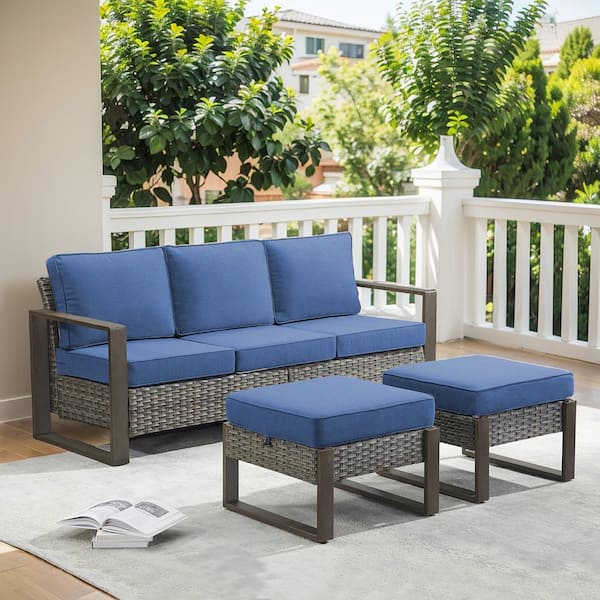Gymojoy Allcot Gray 4-Piece Wicker Patio Couch Outdoor Sectional Sofa Set with Deep Seating and Blue Cushionswith Ottomans