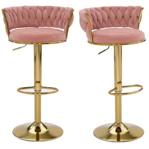 Bar Stools Set of 2, 25.59 in. Adjustable Metal Barstools Counter Height Stools, Velvet Kitchen Island Stools, Pink