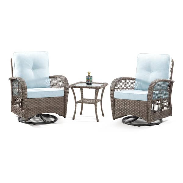 Sudzendf 3-Piece Brown Wicker Swivel Outdoor Rocking Chairs Patio Conversation Set with Blue Cushions