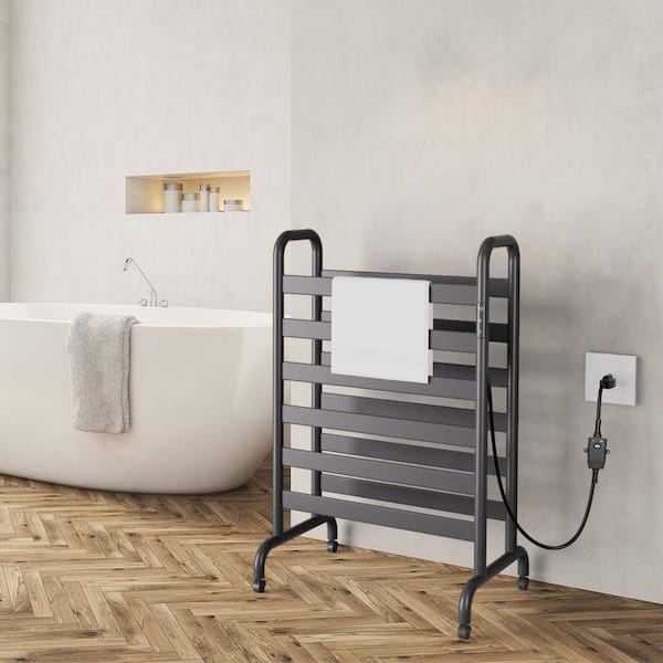 Unbranded 12-Bar Freestanding ﻿Double-Deck Electric Plug-in Towel Warmer Heated Towel Rack for Bathroom in Matte Black