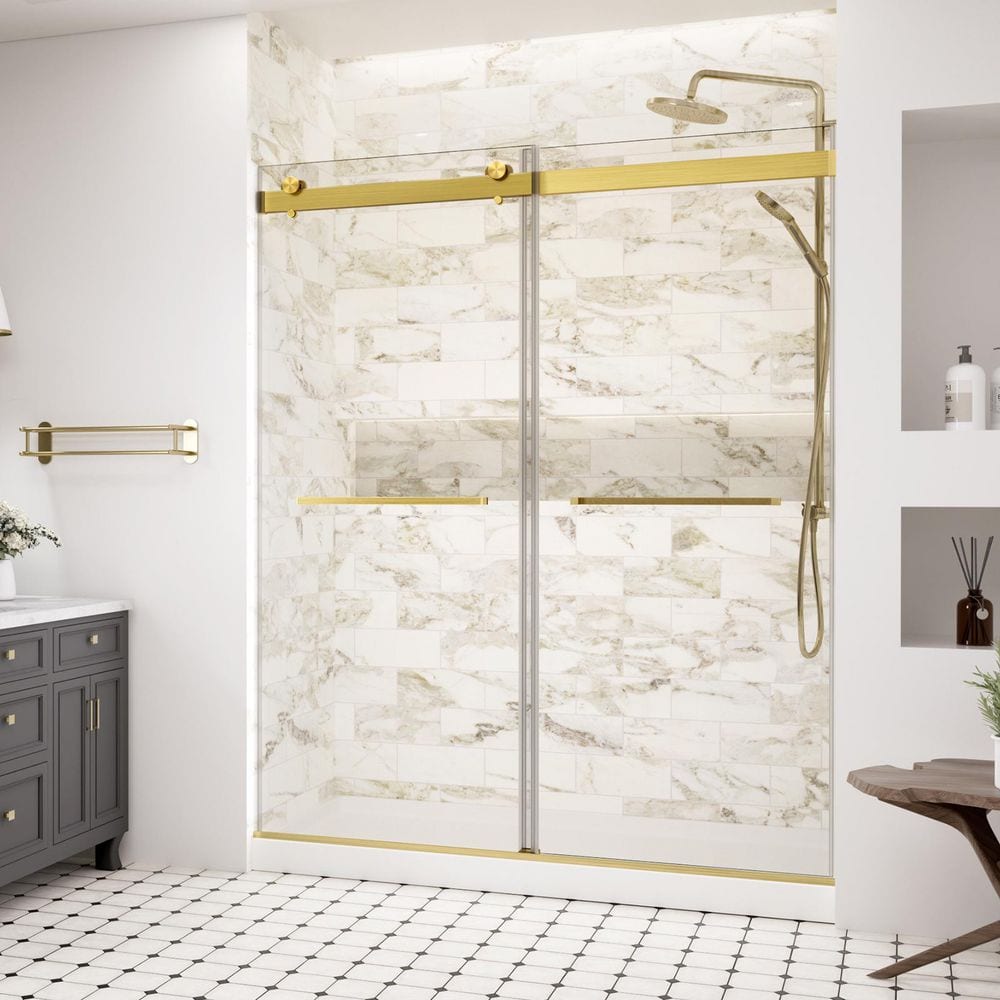 Frameless Double Sliding Glass Shower Door 44-48 in. W x 74 in. H 5/16 in. 8mm W/ Soft-Closed for Bathroom, Brushed Gold price history on PriceWatchPro