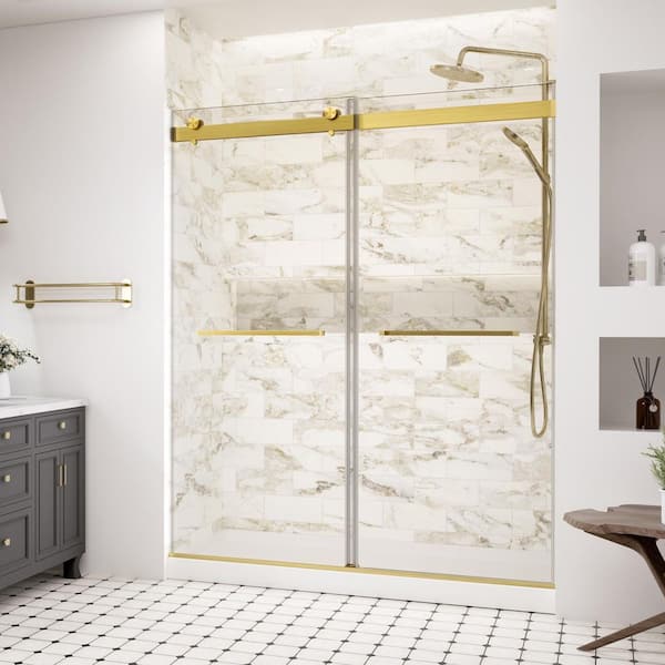 Frameless Double Sliding Glass Shower Door 44-48 in. W x 74 in. H 5/16 in. 8mm W/ Soft-Closed for Bathroom, Brushed Gold