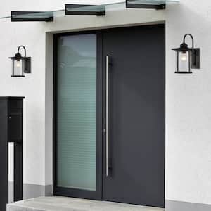 Charlton 9 in. 1-Light Transitional Textured Black Outdoor Wall Lantern Sconce with Clear Seeded Cylinder Glass Shade