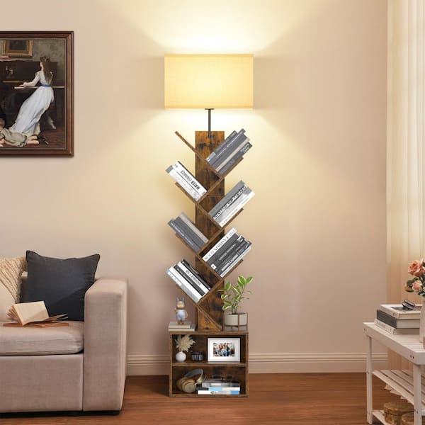 BICIK 63 in. Retro Yellow Standard Dimmable Tree Bookshelf Floor Lamp for Living Room with Color Temperature and Fabric Shade
