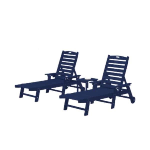 3-Piece Oversized Woodgrain Lounger Set Navyblue 5 Positions, Wheels and Cup Holders (Includes 2 Lounge Chairs, 1 Table)