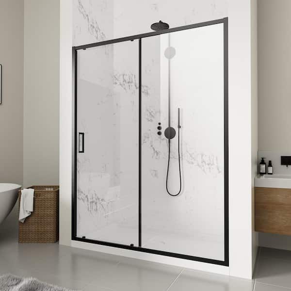 NANAWO QuickMount 48 in. W x 74 in. H Single Sliding Semi Frameless Shower Door in Matt Black with Clear 1/4 in. Glass