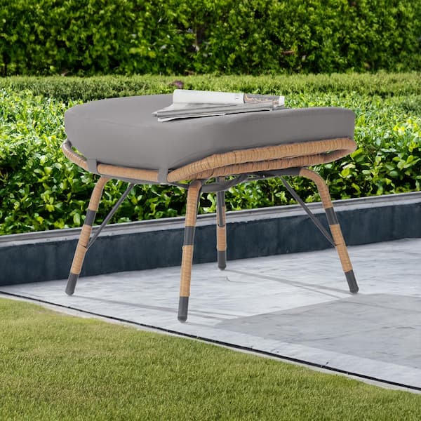 BFB Brown Wicker Outdoor Ottoman with Light Gray Cushion 1 Pack