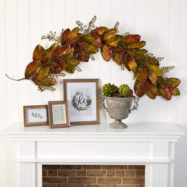 Nearly Natural 6 ft. Autumn Magnolia Leaf and Berries Artificial