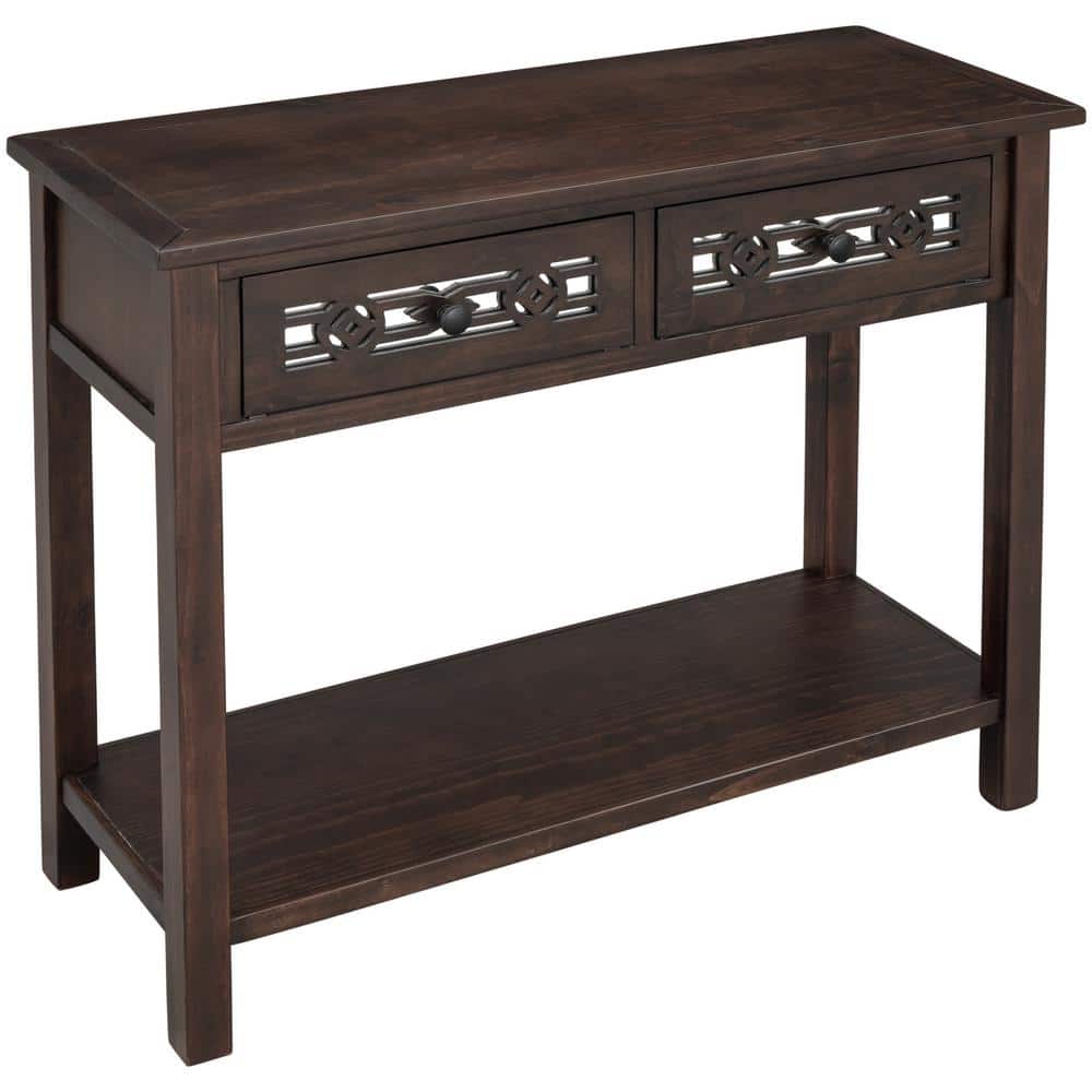 35.4 in. Espresso Rectangle Wood Console Table with 2 Top Drawers & Open Sh