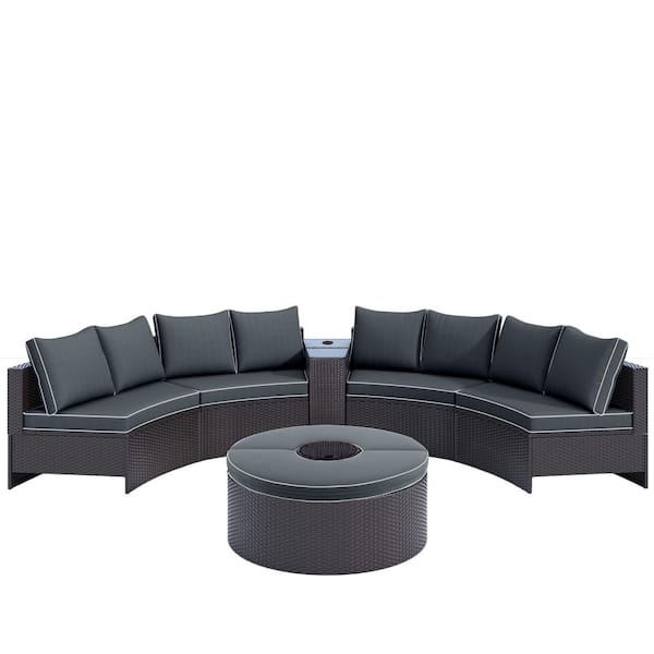 Zeus & Ruta 6-Piece Brown Wicker Outdoor Half Round Couch Set with Storage Side Table for Umbrella, Round Table and Gray Cushions