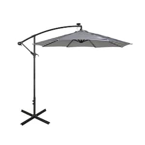 10 ft. Cantilever Hanging Patio Umbrella in Black and White with Solar LED and 50 lbs. Concrete Base