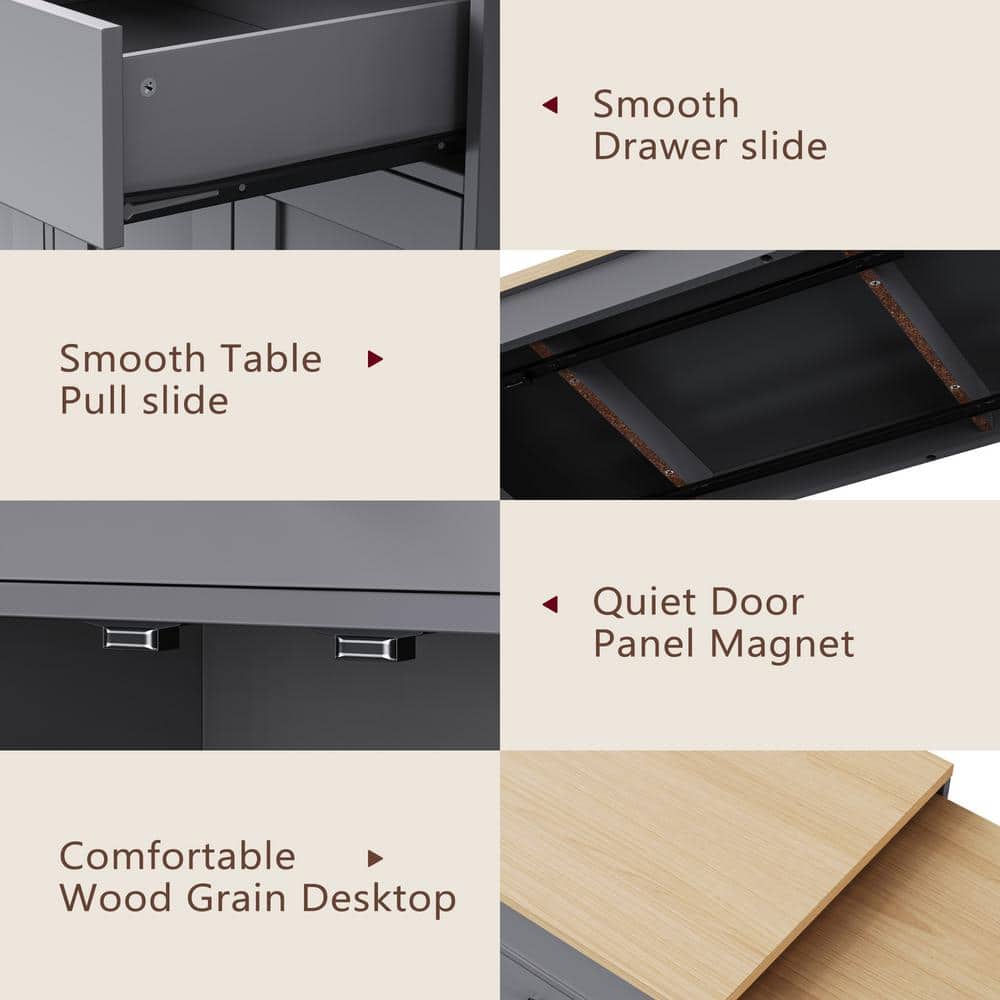 Gray Wood 74.5 in. Rolling Kitchen Island with Extendable Dining Table - thumbnail 6