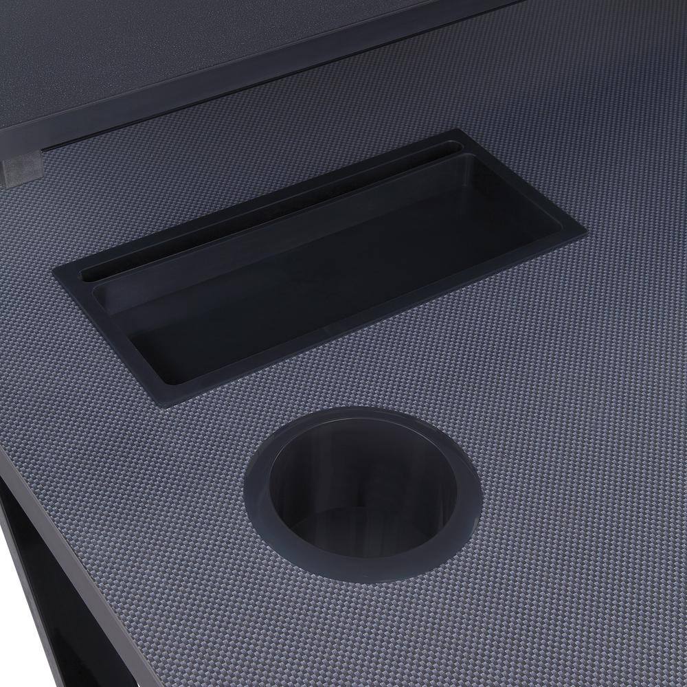 Black Gaming Desk with RGB LED Lights and Dual Monitor Shelf