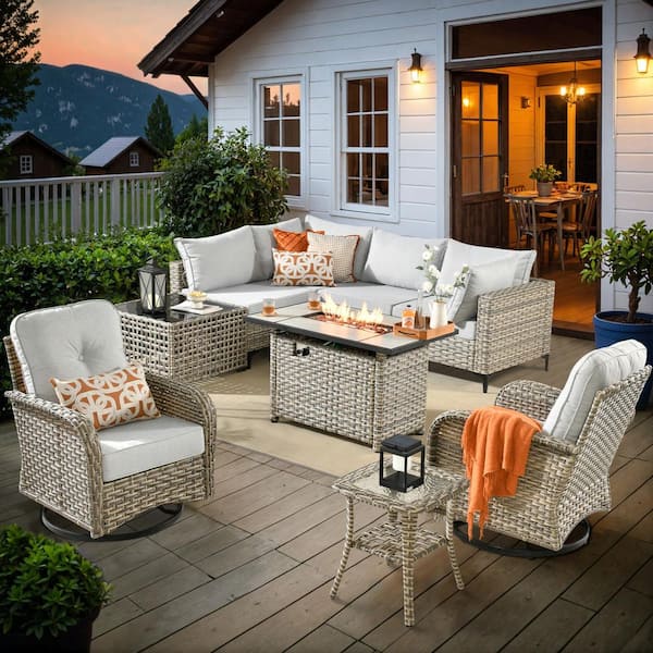 OVIOS Vinceny Gray 9-Piece Wicker Patio Rectangle Fire Pit Conversation Set with Gray Cushions and Swivel Chairs