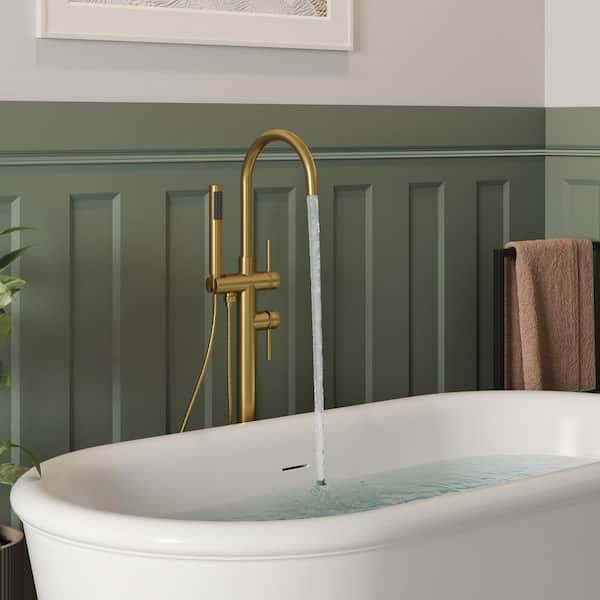 Single-Handle Freestanding Tub Faucet Floor Mounted with Handheld Hand Shower in Brushed Gold
