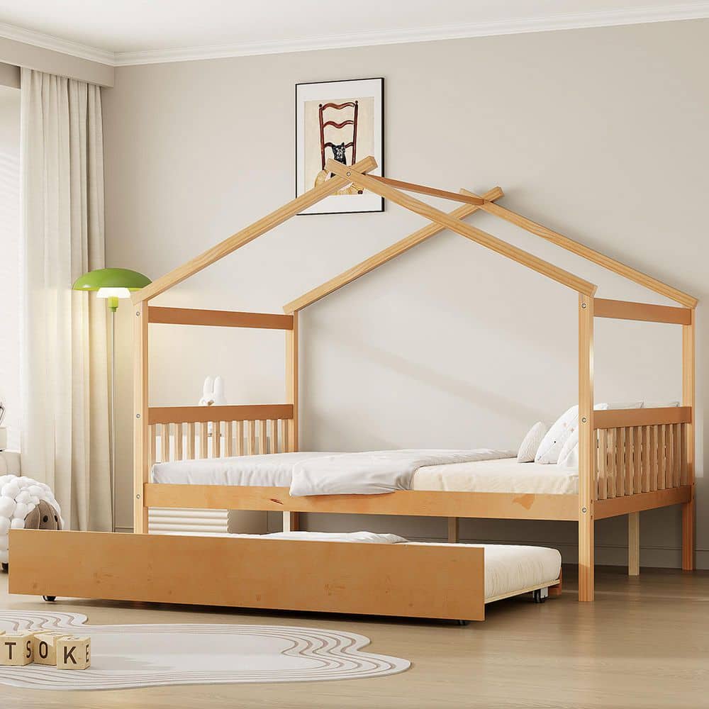 Natural Yellow Wood Frame Full Size Platform Bed with Twin Size Trundle price history on PriceWatchPro