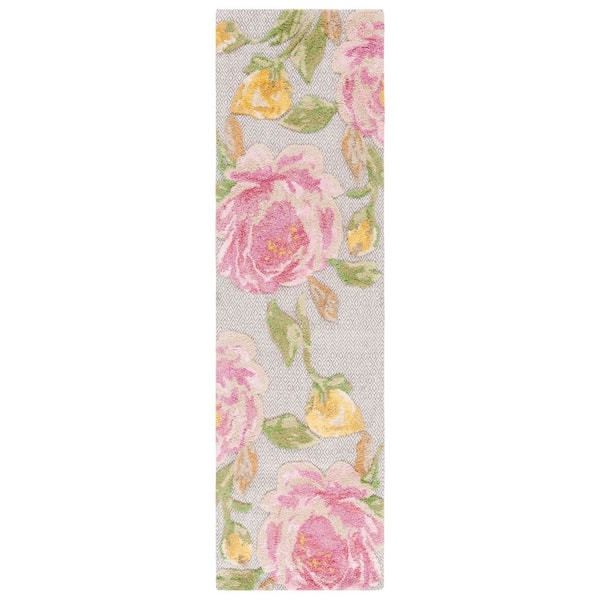 Glamour 2 ft. x 8 ft. Pink/Gray Floral High-Low Runner Rug