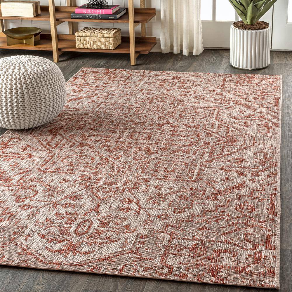 Estrella Red and Taupe Medallion Synthetic Indoor/Outdoor Area Rug