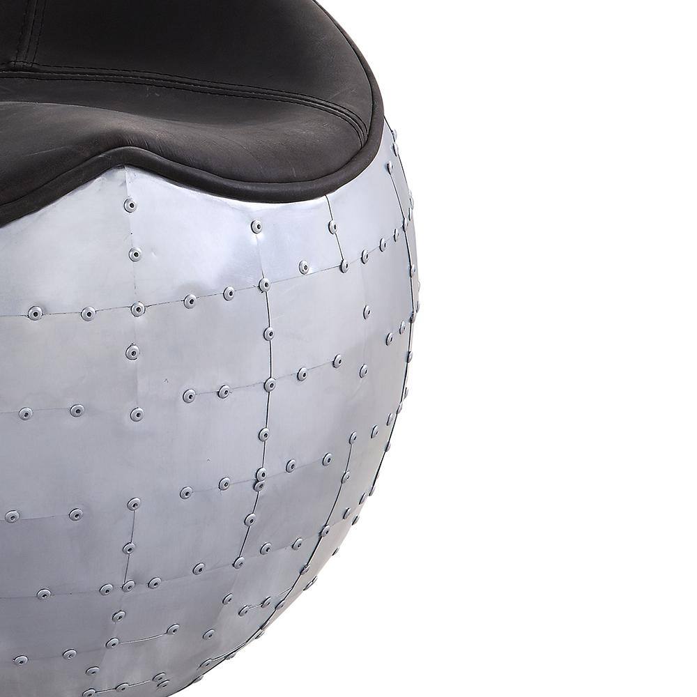 Brancaster Round Leather and Aluminum Ottoman in Antique Ebony