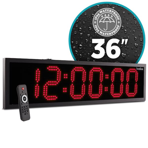 36" Outdoor LED Clock (Red)-Waterproof, Stopwatch, Alarms, Timer, Temp, 5-Level Brightness