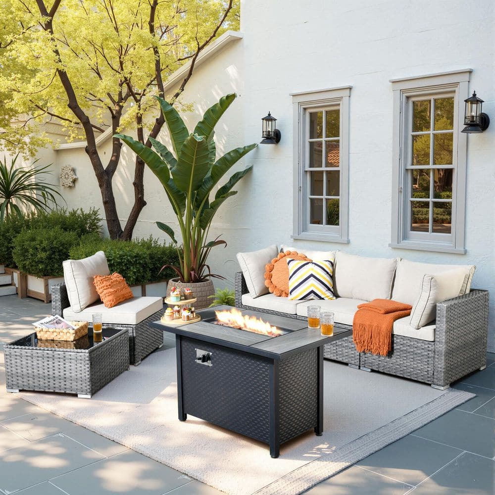 Messi Gray 6-Piece Wicker Outdoor Patio Conversation Sectional Sofa Set with a Metal Fire Pit and Beige Cushions price history on PriceWatchPro