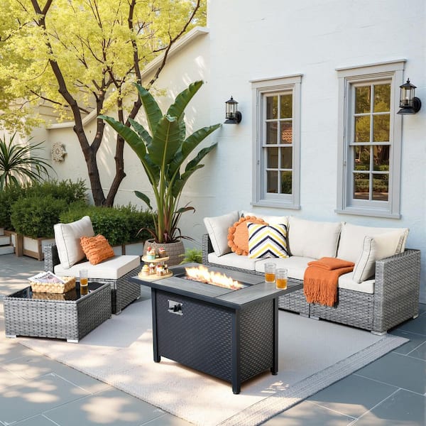 Messi Gray 6-Piece Wicker Outdoor Patio Conversation Sectional Sofa Set with a Metal Fire Pit and Beige Cushions