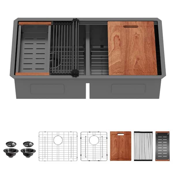 36 in. Undermount Double Bowl (60/40) 16 Gauge Gunmetal Black Stainless Steel Kitchen Sink with Cutting Board, Colander