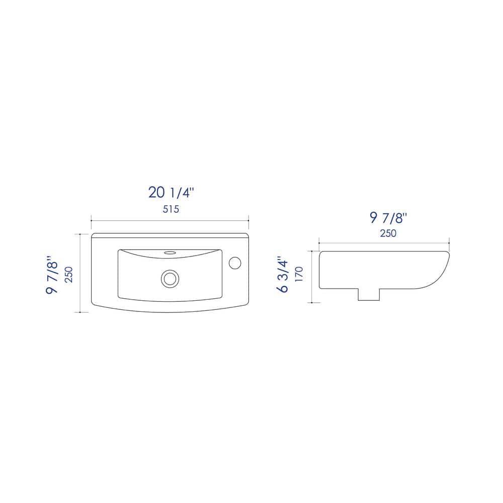 White Ceramic Wall-Mounted Rectangular Bathroom Sink with Faucet Hole